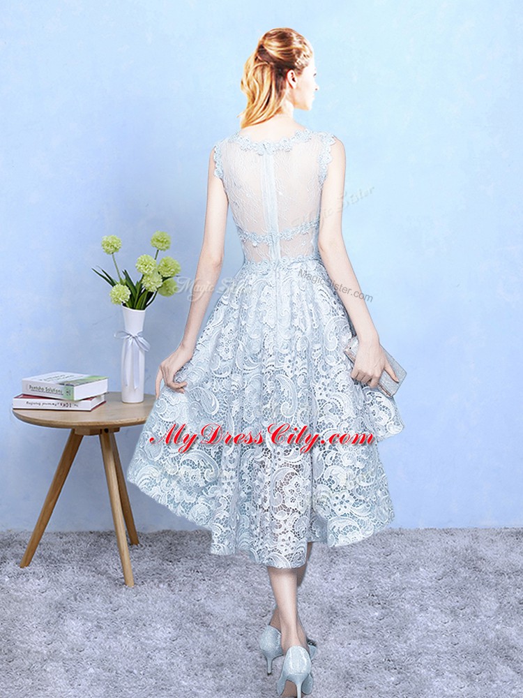 Light Blue Sleeveless Lace Zipper Wedding Party Dress for Wedding Party