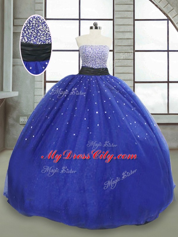 Adorable Royal Blue Sleeveless Floor Length Beading and Sequins Lace Up 15 Quinceanera Dress