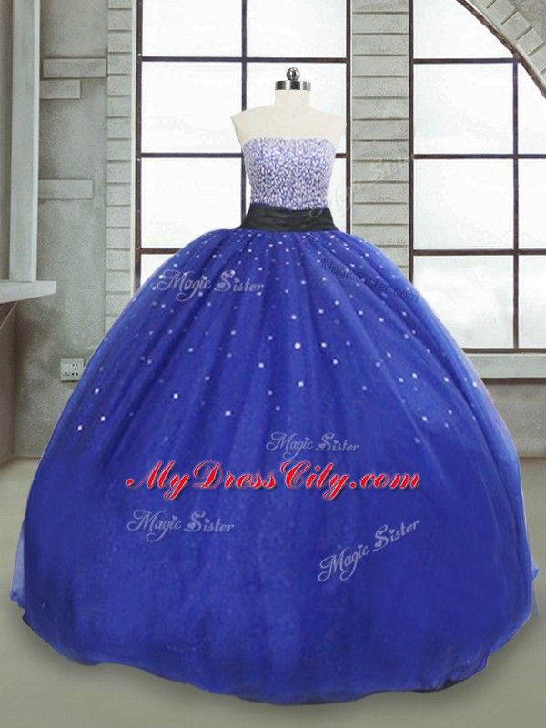 Adorable Royal Blue Sleeveless Floor Length Beading and Sequins Lace Up 15 Quinceanera Dress