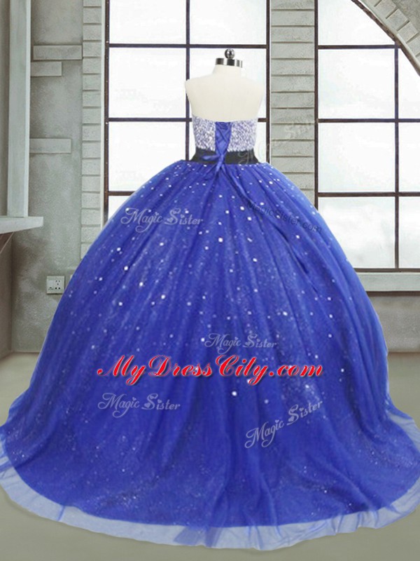 Adorable Royal Blue Sleeveless Floor Length Beading and Sequins Lace Up 15 Quinceanera Dress