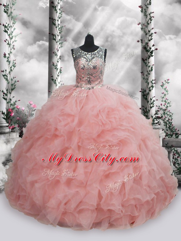 Floor Length Ball Gowns Sleeveless Baby Pink Quinceanera Gown Lace Up