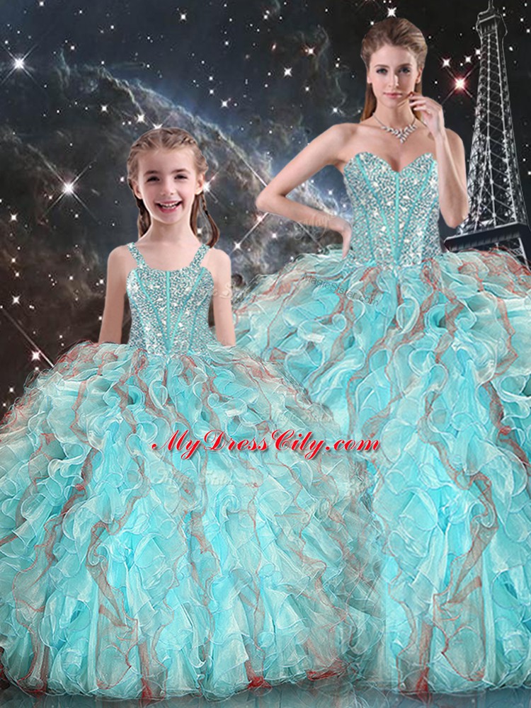 Free and Easy Floor Length Lace Up Quinceanera Dress Aqua Blue for Military Ball and Sweet 16 and Quinceanera with Beading and Ruffles