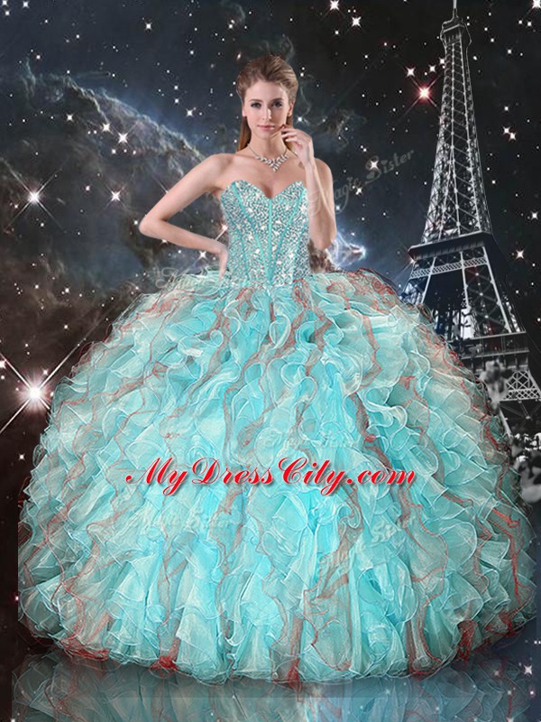 Free and Easy Floor Length Lace Up Quinceanera Dress Aqua Blue for Military Ball and Sweet 16 and Quinceanera with Beading and Ruffles