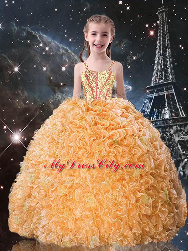 Gold Sleeveless Floor Length Beading and Ruffles Lace Up Juniors Party Dress