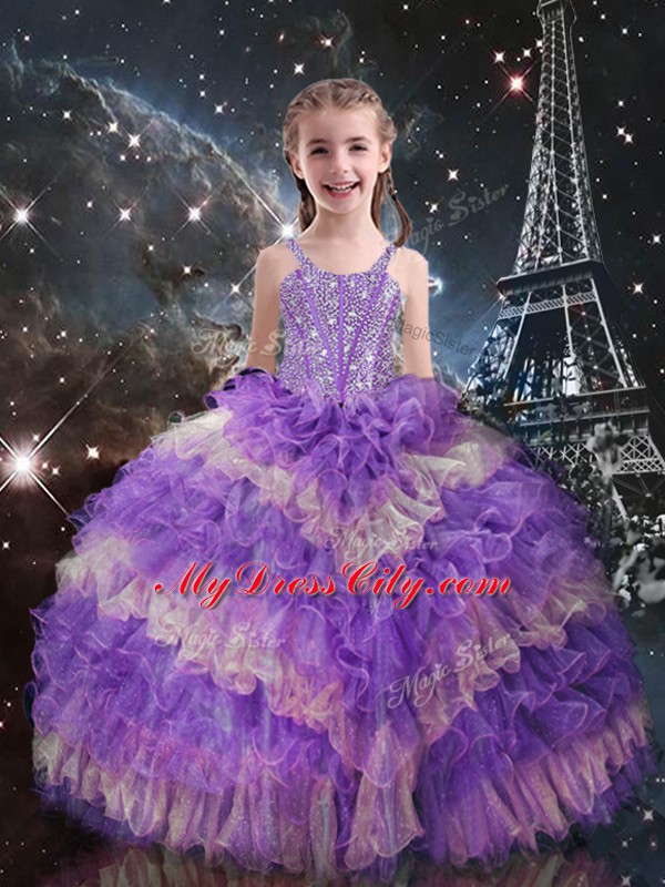 Popular Sleeveless Floor Length Beading and Ruffled Layers Lace Up Custom Made with Lilac