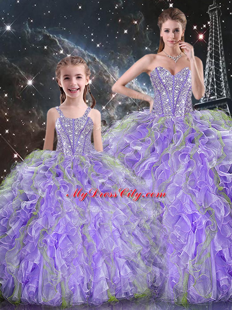 Suitable Floor Length Lavender Sweet 16 Dress Organza Sleeveless Beading and Ruffles