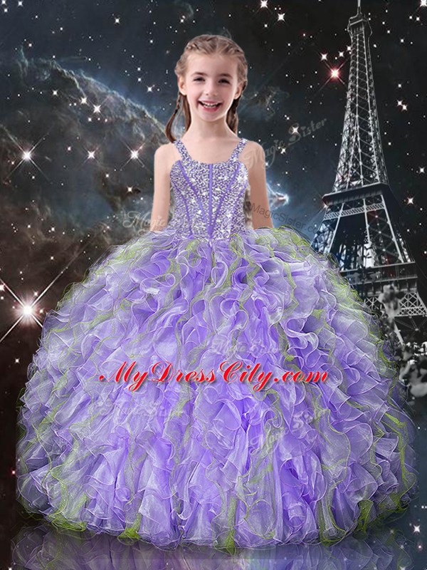 Suitable Floor Length Lavender Sweet 16 Dress Organza Sleeveless Beading and Ruffles