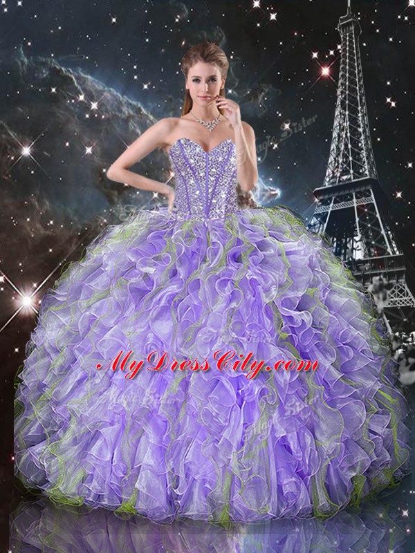 Suitable Floor Length Lavender Sweet 16 Dress Organza Sleeveless Beading and Ruffles