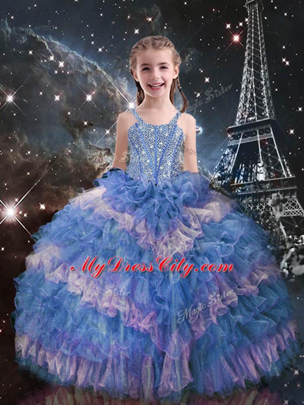 Straps Sleeveless Organza Little Girls Pageant Gowns Beading and Ruffled Layers Lace Up