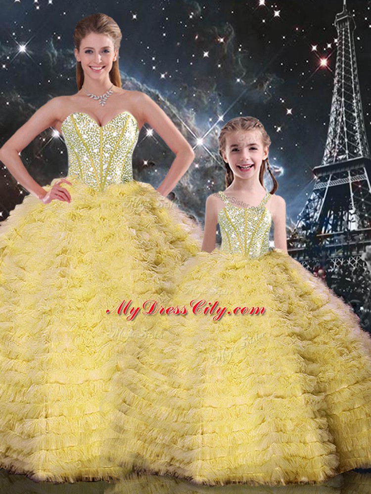 Unique Yellow Ball Gowns Tulle Sweetheart Sleeveless Beading and Ruffles Floor Length Lace Up Sweet 16 Dresses