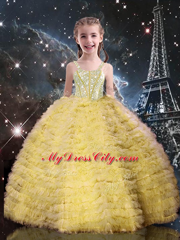 Unique Yellow Ball Gowns Tulle Sweetheart Sleeveless Beading and Ruffles Floor Length Lace Up Sweet 16 Dresses