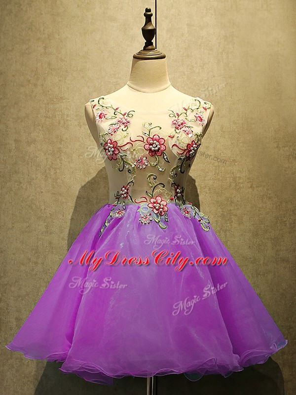 Dramatic Mini Length Purple Prom Evening Gown Scoop Sleeveless Lace Up