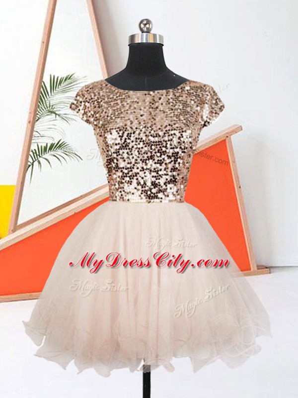 Colorful Organza Scoop Short Sleeves Lace Up Sequins Evening Dress in Peach