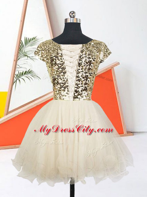 Colorful Organza Scoop Short Sleeves Lace Up Sequins Evening Dress in Peach