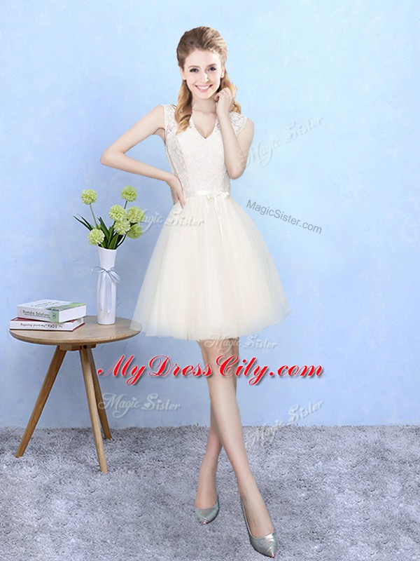 High Quality Knee Length Champagne Bridesmaid Gown Tulle Sleeveless Lace