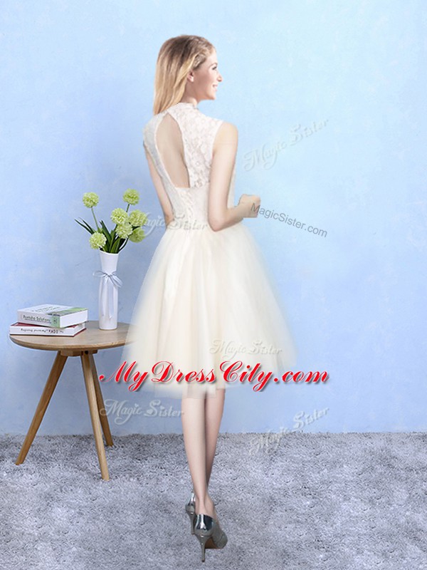 High Quality Knee Length Champagne Bridesmaid Gown Tulle Sleeveless Lace