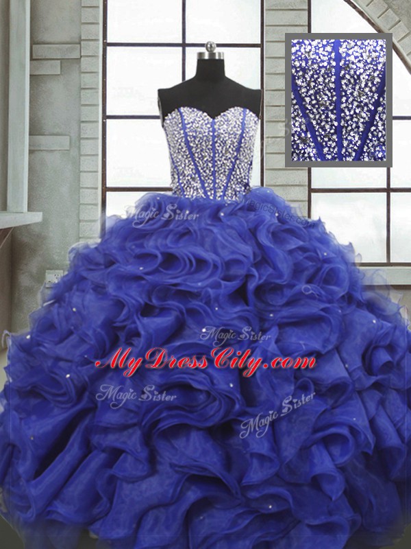 Blue Lace Up Sweetheart Beading and Ruffles Sweet 16 Quinceanera Dress Organza Sleeveless