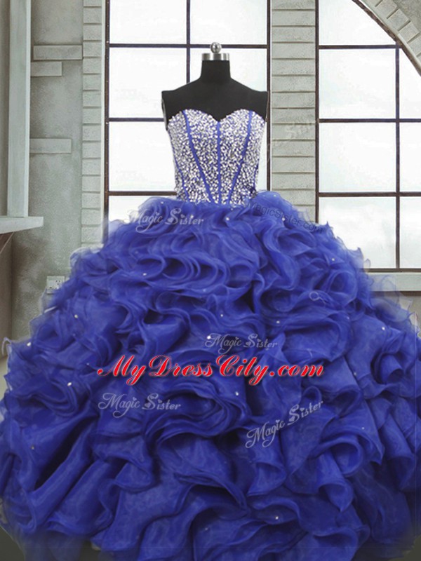 Blue Lace Up Sweetheart Beading and Ruffles Sweet 16 Quinceanera Dress Organza Sleeveless