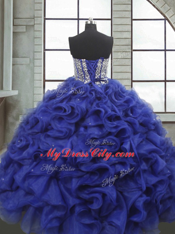 Blue Lace Up Sweetheart Beading and Ruffles Sweet 16 Quinceanera Dress Organza Sleeveless