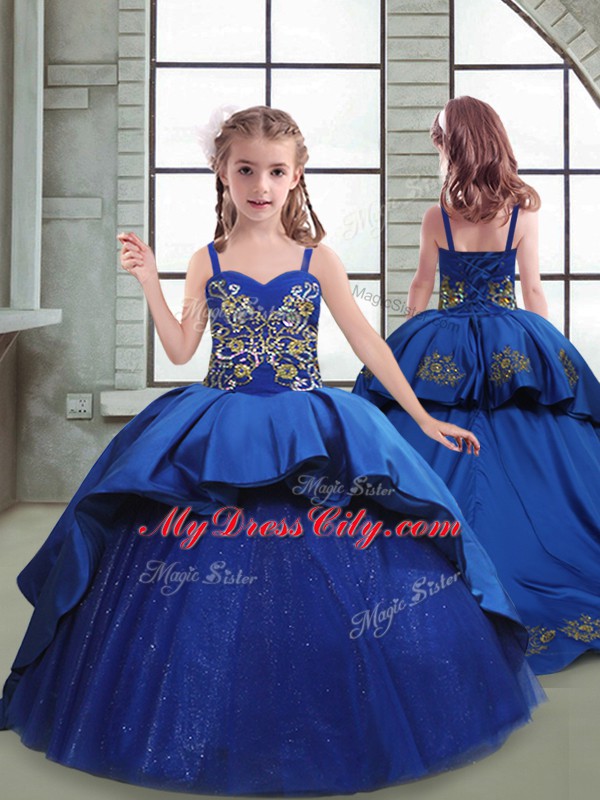 Royal Blue Sleeveless Taffeta and Tulle Brush Train Lace Up Flower Girl Dresses for Less for Quinceanera and Wedding Party