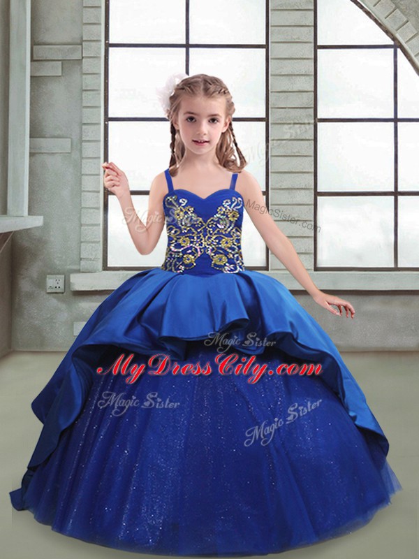 Royal Blue Sleeveless Taffeta and Tulle Brush Train Lace Up Flower Girl Dresses for Less for Quinceanera and Wedding Party