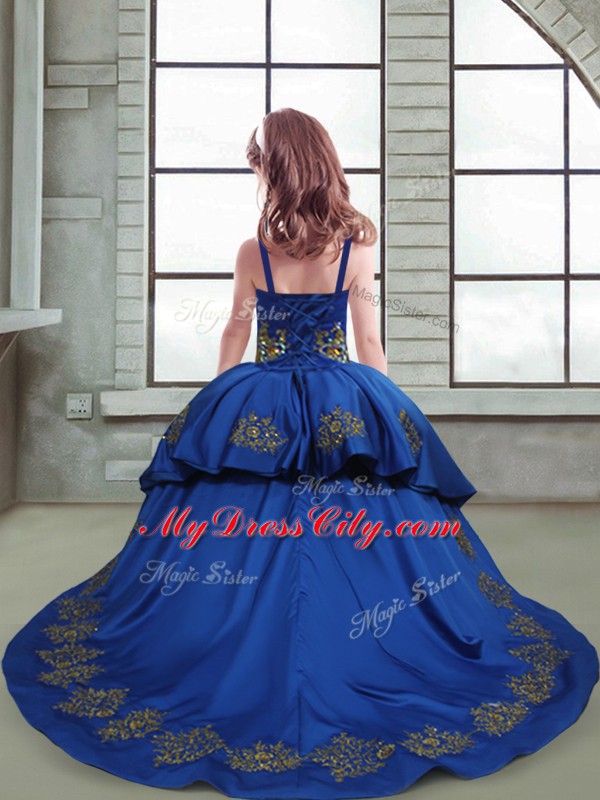 Royal Blue Sleeveless Taffeta and Tulle Brush Train Lace Up Flower Girl Dresses for Less for Quinceanera and Wedding Party