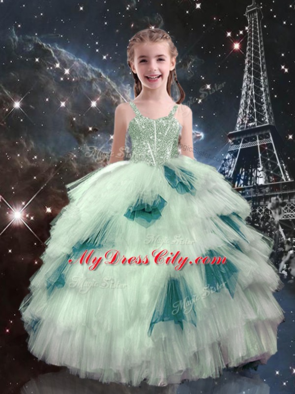 Floor Length White Custom Made Pageant Dress Tulle Sleeveless Beading and Ruffled Layers