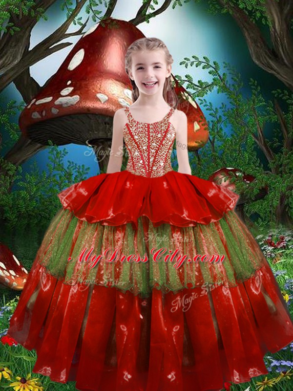 Red Ball Gowns Straps Sleeveless Organza Floor Length Lace Up Beading and Ruffled Layers Custom Made