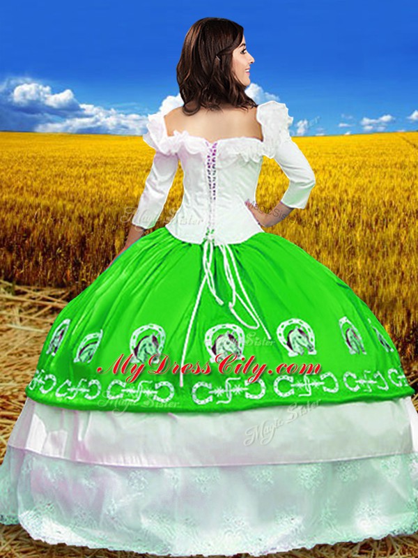 Taffeta Off The Shoulder 3 4 Length Sleeve Lace Up Embroidery 15 Quinceanera Dress in Green