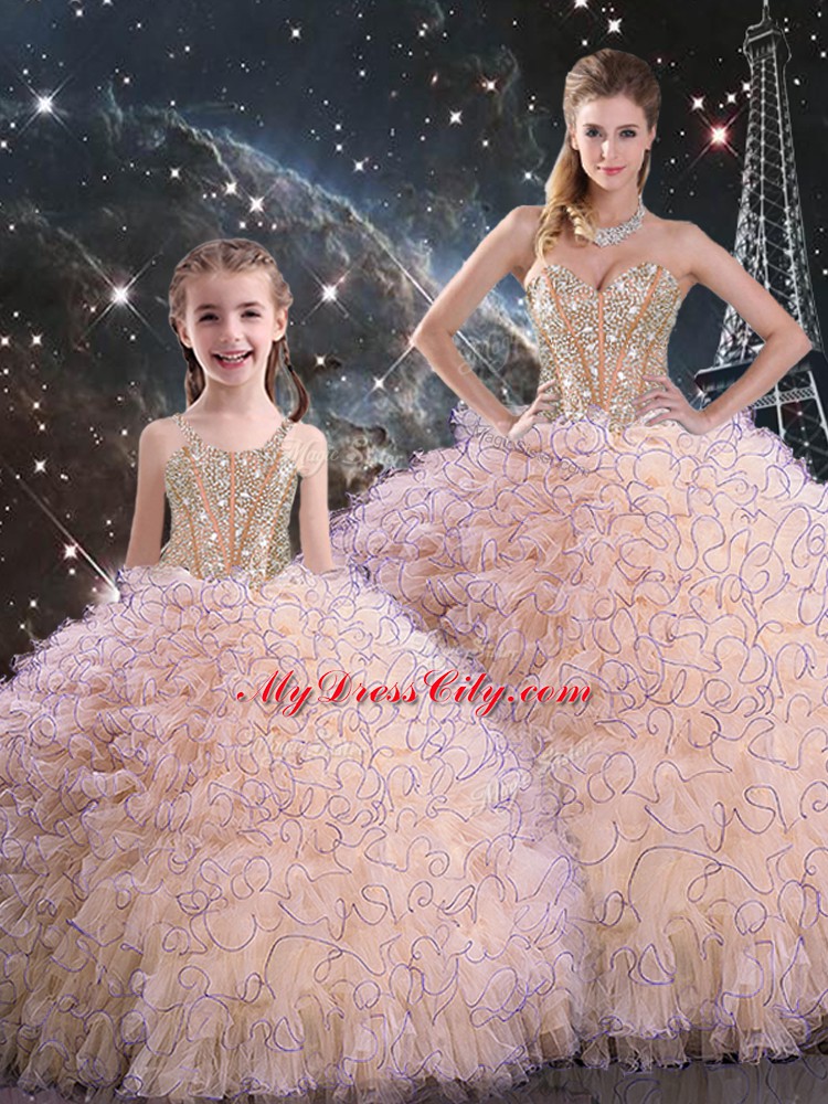 Flirting Sleeveless Lace Up Floor Length Beading and Ruffles Sweet 16 Dress