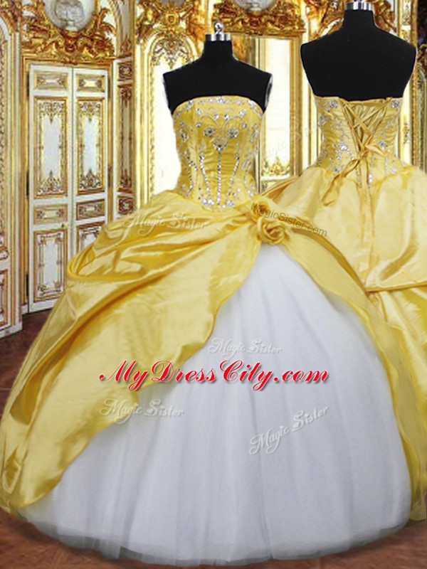 Charming Gold Quinceanera Dresses Military Ball and Sweet 16 and Quinceanera with Beading and Hand Made Flower Strapless Sleeveless Lace Up