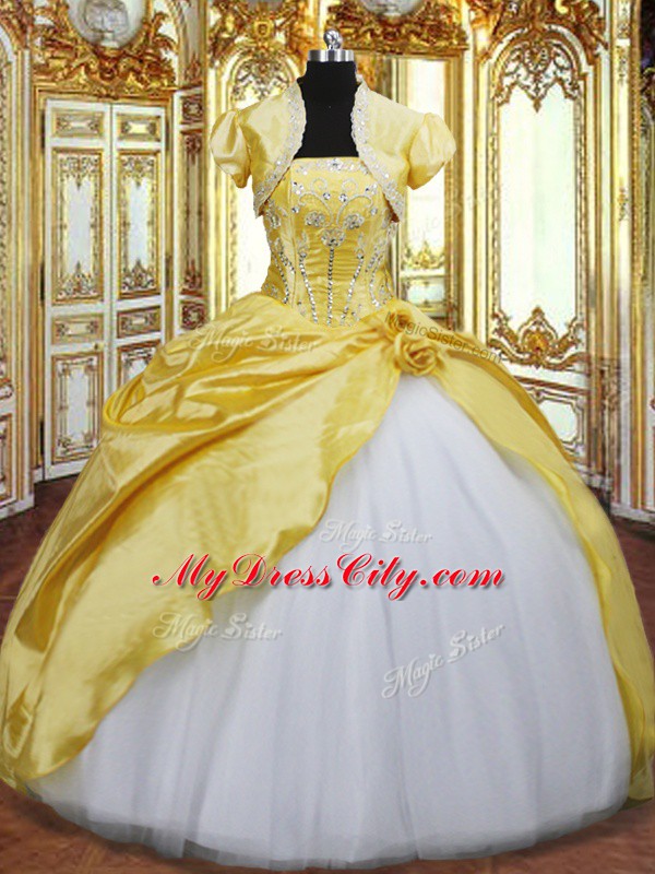 Charming Gold Quinceanera Dresses Military Ball and Sweet 16 and Quinceanera with Beading and Hand Made Flower Strapless Sleeveless Lace Up