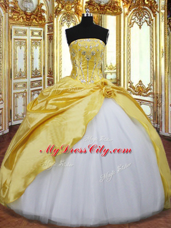 Charming Gold Quinceanera Dresses Military Ball and Sweet 16 and Quinceanera with Beading and Hand Made Flower Strapless Sleeveless Lace Up