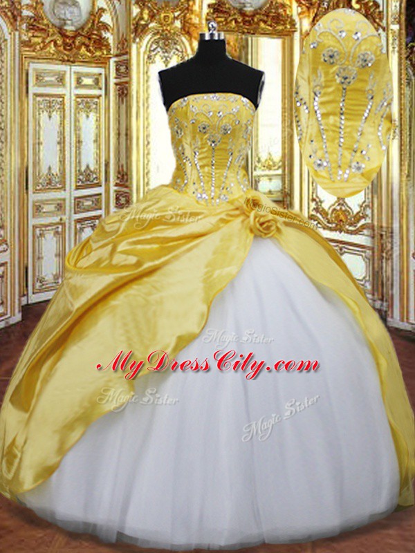 Charming Gold Quinceanera Dresses Military Ball and Sweet 16 and Quinceanera with Beading and Hand Made Flower Strapless Sleeveless Lace Up