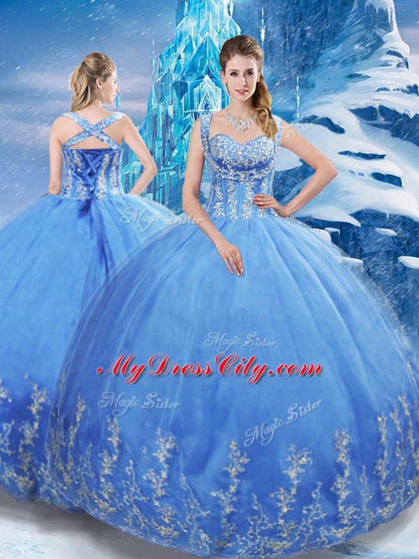 Trendy Floor Length Ball Gowns Sleeveless Baby Blue Quinceanera Gown Lace Up