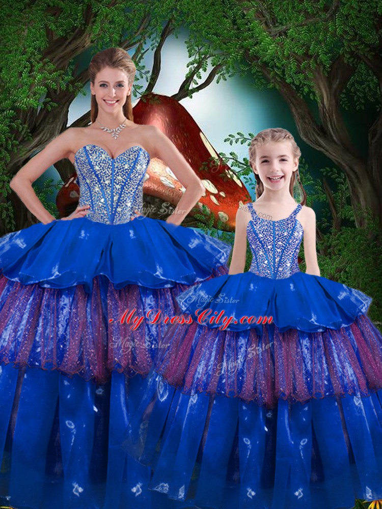 Romantic Sleeveless Floor Length Beading and Ruffled Layers Lace Up 15th Birthday Dress with Blue