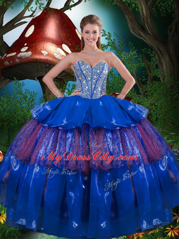 Romantic Sleeveless Floor Length Beading and Ruffled Layers Lace Up 15th Birthday Dress with Blue