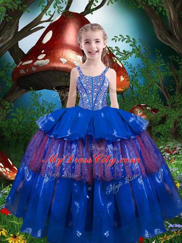 Romantic Sleeveless Floor Length Beading and Ruffled Layers Lace Up 15th Birthday Dress with Blue