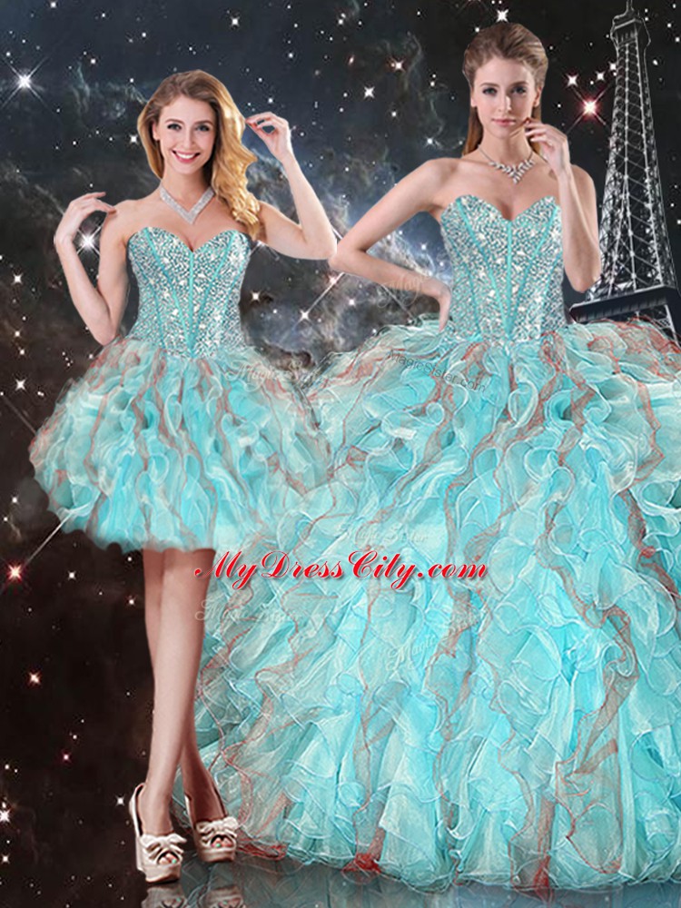 Stunning Aqua Blue Ball Gowns Beading and Ruffles Quinceanera Gowns Lace Up Organza Sleeveless Floor Length