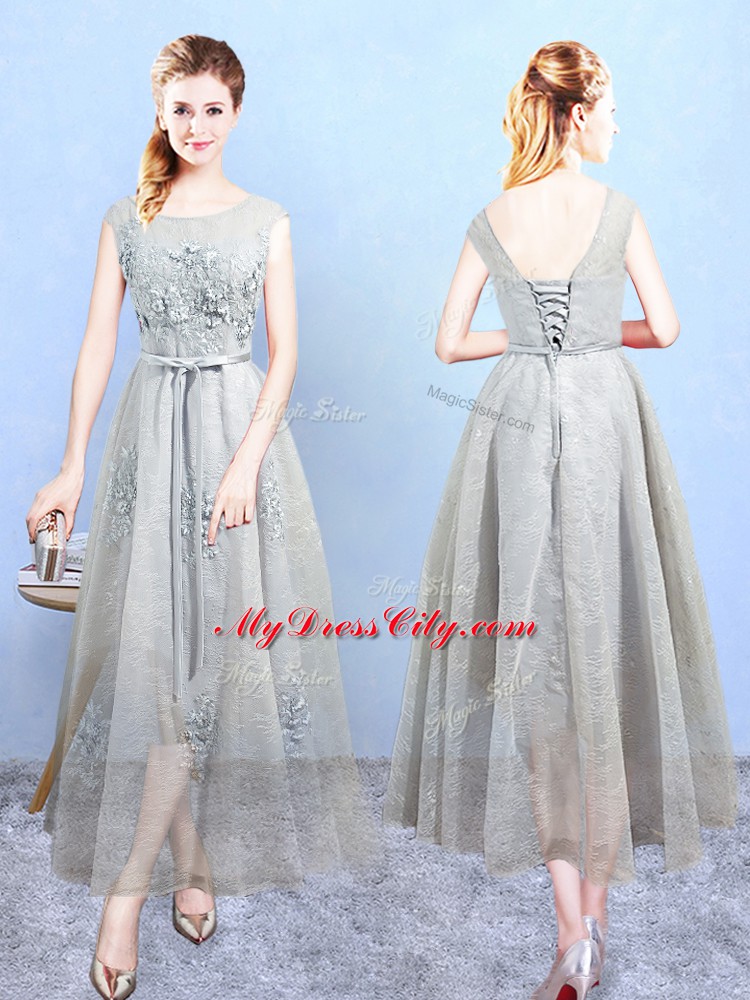 Customized Grey Tulle Lace Up Scoop Sleeveless Ankle Length Wedding Guest Dresses Appliques