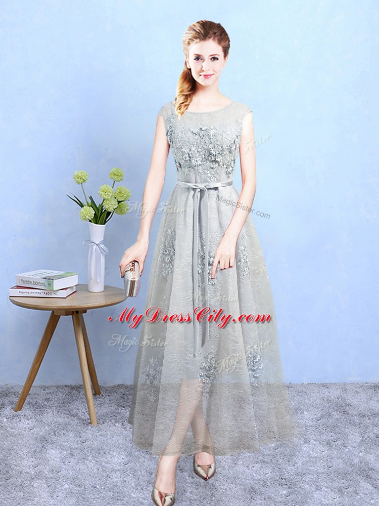 Customized Grey Tulle Lace Up Scoop Sleeveless Ankle Length Wedding Guest Dresses Appliques