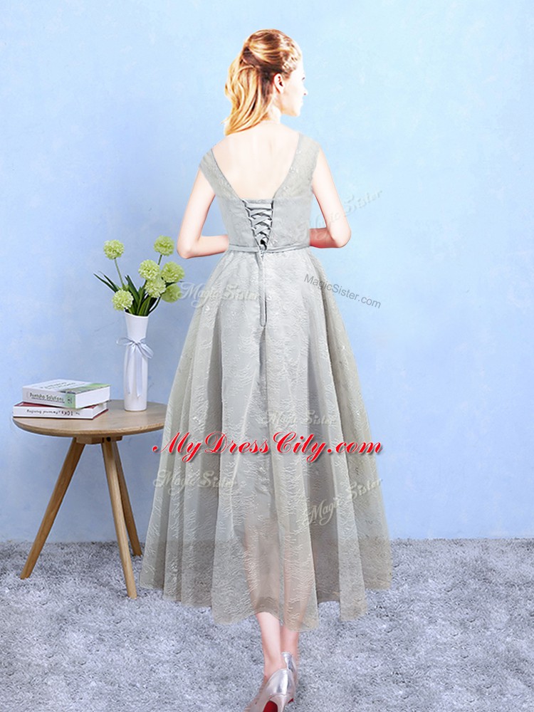 Customized Grey Tulle Lace Up Scoop Sleeveless Ankle Length Wedding Guest Dresses Appliques