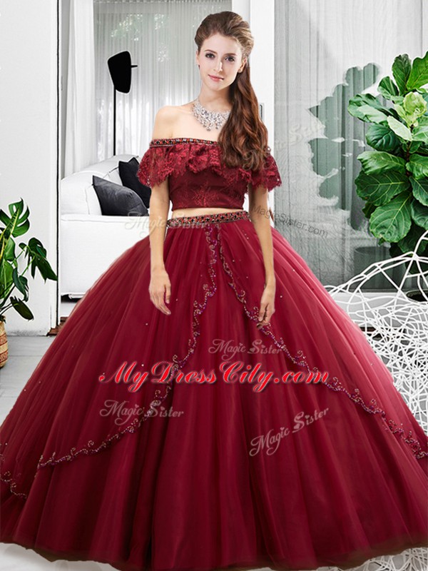 Clearance Floor Length Two Pieces Sleeveless Burgundy Sweet 16 Dresses Lace Up