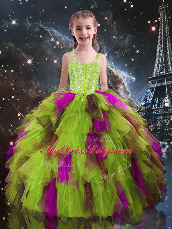 Customized Yellow Green Straps Neckline Beading and Ruffles Little Girls Pageant Gowns Sleeveless Lace Up