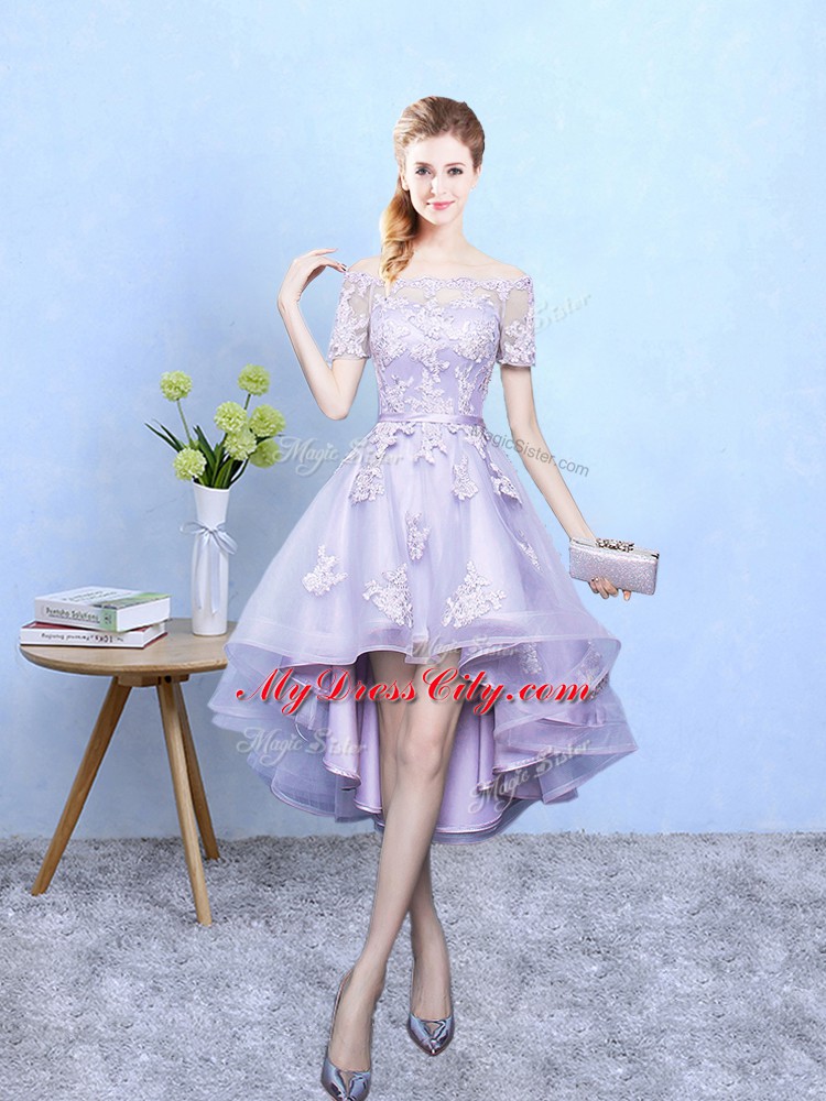 Fashion Off The Shoulder Short Sleeves Tulle Wedding Guest Dresses Lace Lace Up