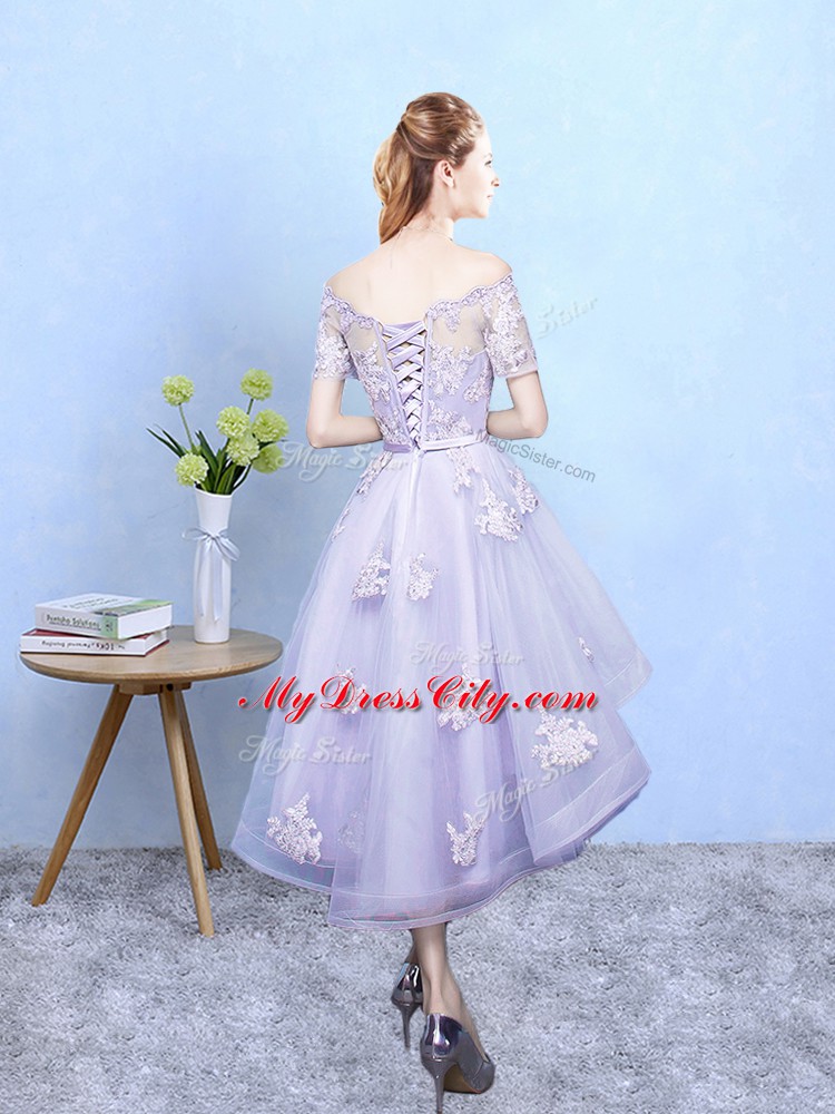 Fashion Off The Shoulder Short Sleeves Tulle Wedding Guest Dresses Lace Lace Up