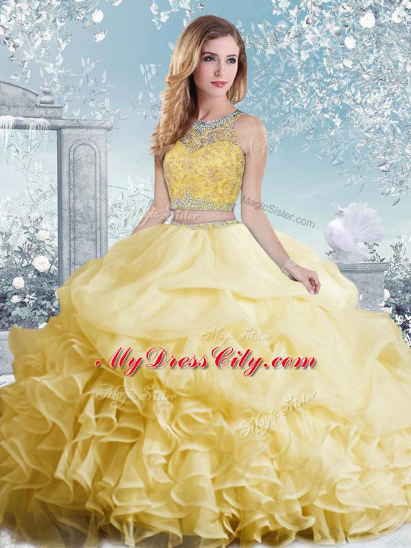 High Quality Sleeveless Beading and Ruffles and Pick Ups Clasp Handle Quinceanera Gown