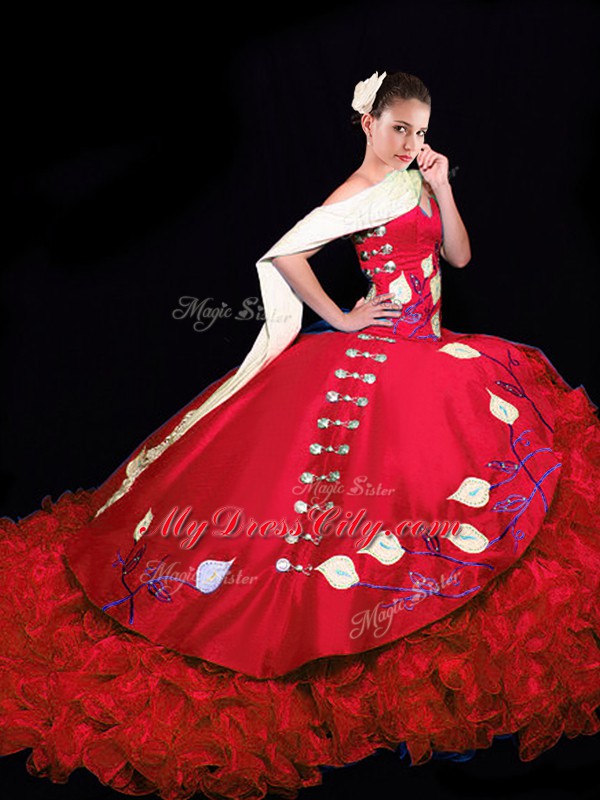 Simple Red Taffeta Lace Up V-neck Sleeveless Quinceanera Dress Brush Train Embroidery and Ruffles