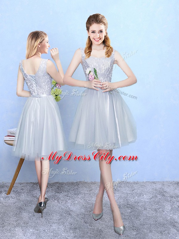 Custom Made Silver Square Neckline Lace Bridesmaid Dresses Sleeveless Lace Up