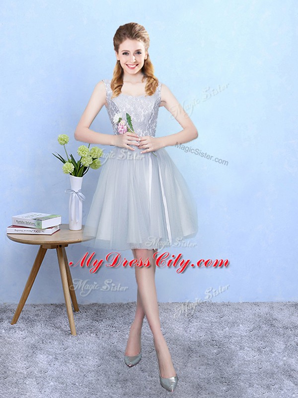 Custom Made Silver Square Neckline Lace Bridesmaid Dresses Sleeveless Lace Up